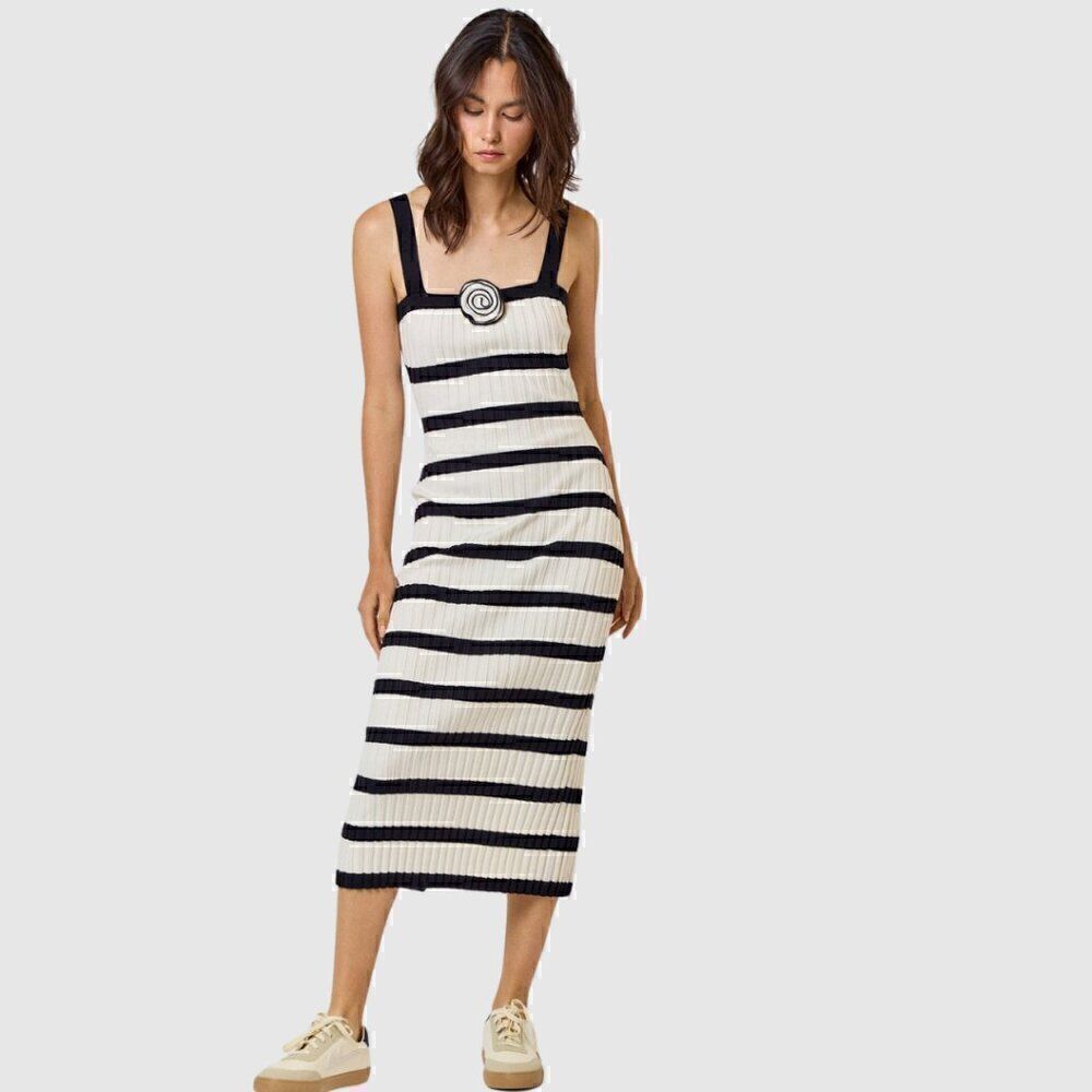 Striped Midi Rosette Black and White Dress - Picture 2 of 4
